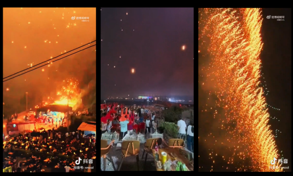 Pertunjukan atraksi drone dan kembang api di Liuyang, Kamis (2/10/2025) berubah petaka. Beberapa drone mengalami malfungsi dan terbakar di langit. Serpihan drone yang terbakar berjatuhan dan menghujani penonton. Insiden ini viral di media sosial.(Foto: X/@shanghaidail @AJEnglish @straits_times)