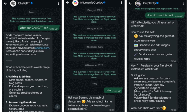 ChatGPT, Copilot, dan Perplexity di WhatsApp.(Foto: KOMPAS.com/Bill Clinten)