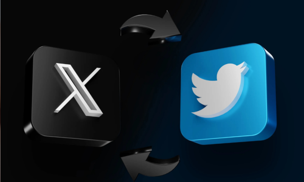 Ilustrasi logo lama Twitter (kanan) yang berbentuk burung biru dan logo baru X (kiri). (PC Mag)