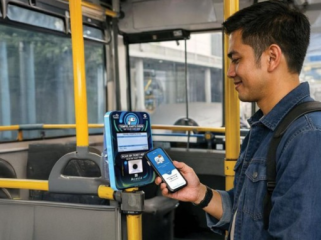 Pengguna melakukan pembayaran di transportasi umum pakai QRIS Tap. (Foto: BRI)