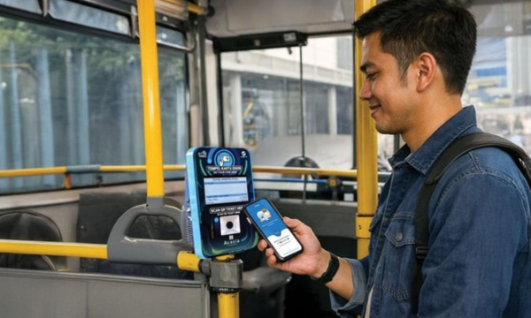 Pengguna melakukan pembayaran di transportasi umum pakai QRIS Tap. (Foto: BRI)