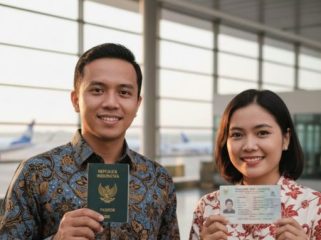 Seorang pria dan wanita memegang paspor dan KTP (foto ilustrasi AI)