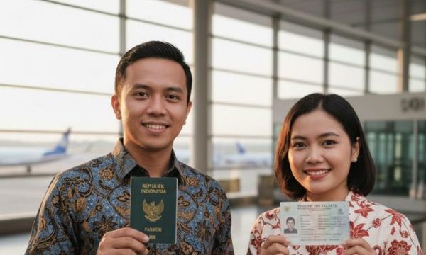 Seorang pria dan wanita memegang paspor dan KTP (foto ilustrasi AI)