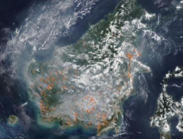 Citra satelit NOAA-20 menunjukkan Kalimantan diselimuti asap akibat 
karhutla. Terdapat 1.106 titik panas terdeteksi, menandakan peningkatan 
kebakaran. (Foto: Nasa World View)
