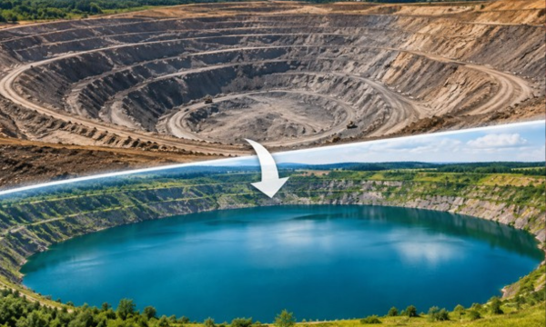 Foto: Ilustrasi menggunakan AI menggambarkan bahan bekas 
tambang menjadi danau.
