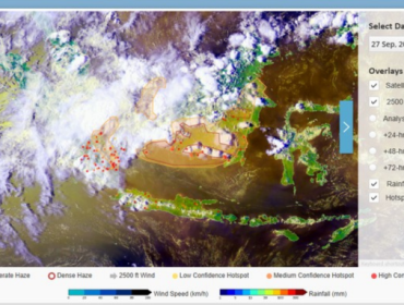 Kabut asap dengan tingkat kepadatan sedang hingga pekat 
teramati di berbagai wilayah Kalimantan serta wilayah selatan dan 
tengah Sumatra. (Foto: BMKG & ASEAN Specialised Meteorological 
Centre (ASMC))