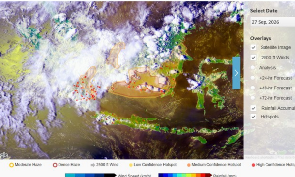 Kabut asap dengan tingkat kepadatan sedang hingga pekat 
teramati di berbagai wilayah Kalimantan serta wilayah selatan dan 
tengah Sumatra. (Foto: BMKG & ASEAN Specialised Meteorological 
Centre (ASMC))