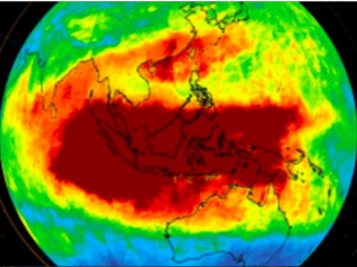 Merah Pekat! Satelit NASA Pantau Sebaran Karbon Monoksida di 
Langit Indonesia (Foto: NASA Eyes on the Earth)
