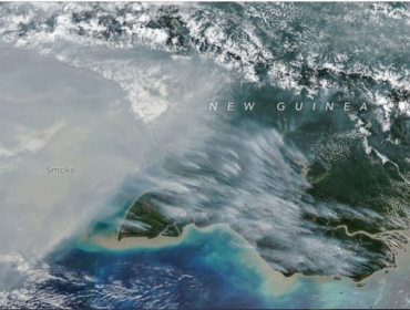 NASA menampilkan asap kebakaran Papua dari satelit NOAA-20. Emisi di wilayah Indonesia diperkirakan melampaui 35 juta ton karbon.(Foto: NASA Earth Observatory)